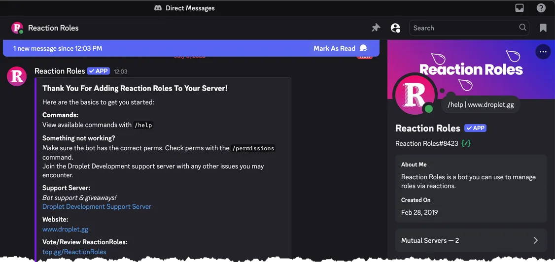 The Reaction Roles bot has sent you a welcome message The Reaction Roles bot has sent you a welcome message